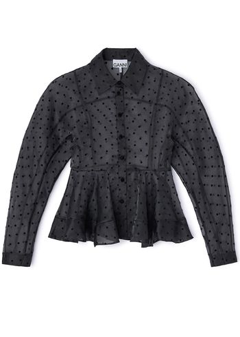 Ganni - Shirt - Flocked Organza Peplum Shirt - Black